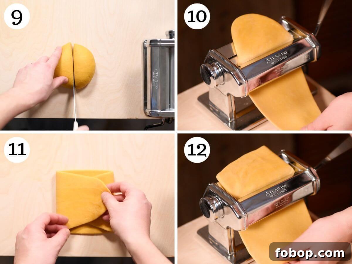 Four photos in a collage showing how to roll out pasta using a pasta machine.