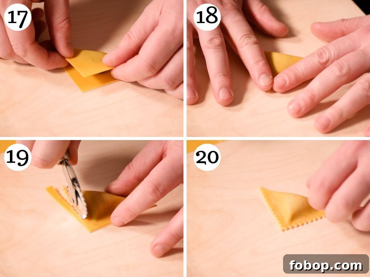 Four photos in a collage showing how to shape and seal Triangoli pasta.