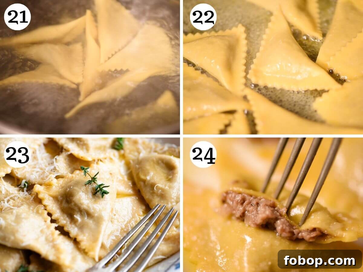 Four photos in a collage showing how to boil and and make the triangoli pasta sauce.