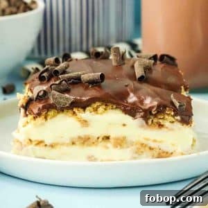 No-Bake Chocolate Eclair Cake Recipe (No Oven Needed) 14 Sideview of no-bake eclair cake slice showing creamy pudding layers between softened graham cracker under a chocolate ganache - Hostess At Heart