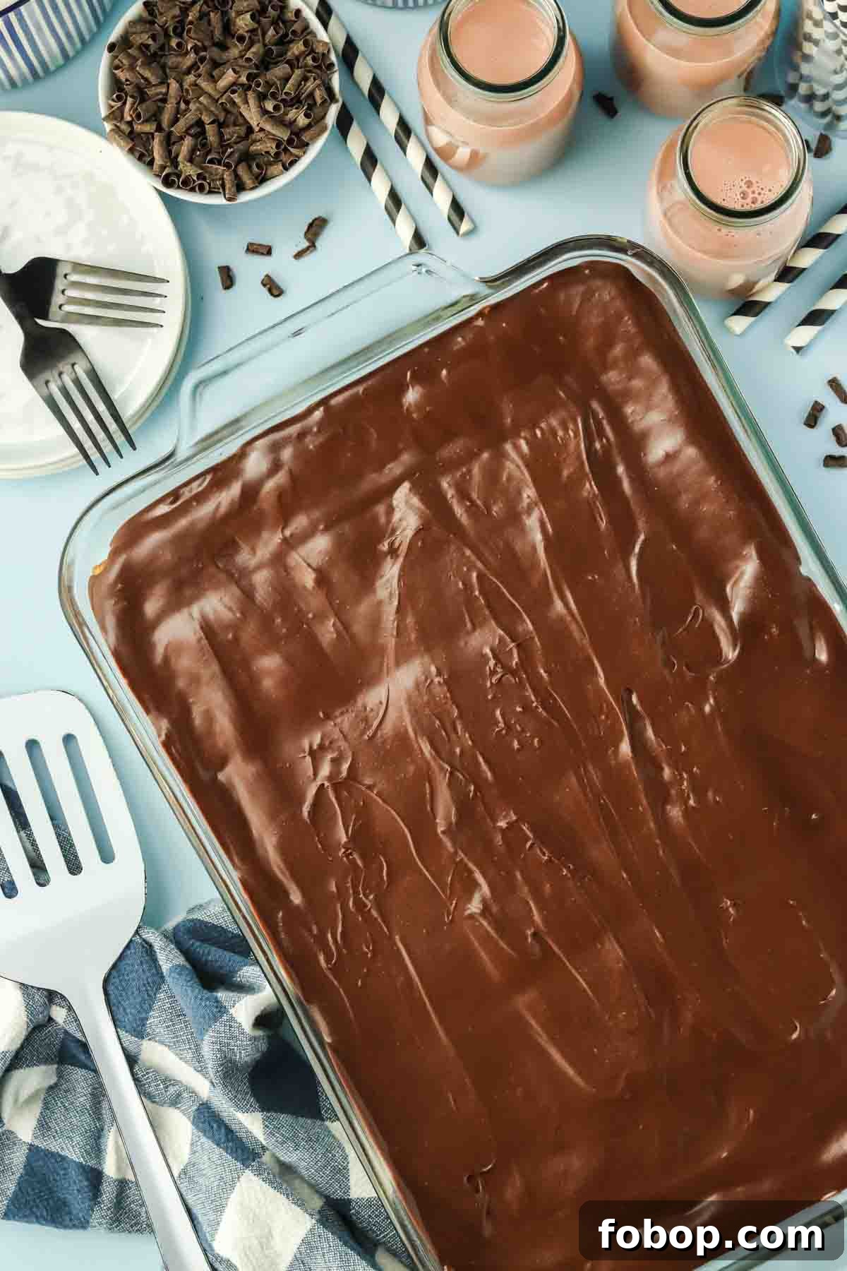 No-Bake Chocolate Eclair Cake Recipe (No Oven Needed) 10 Overhead view of no-bake chocolate eclair cake after chilling - Hostess At Heart
