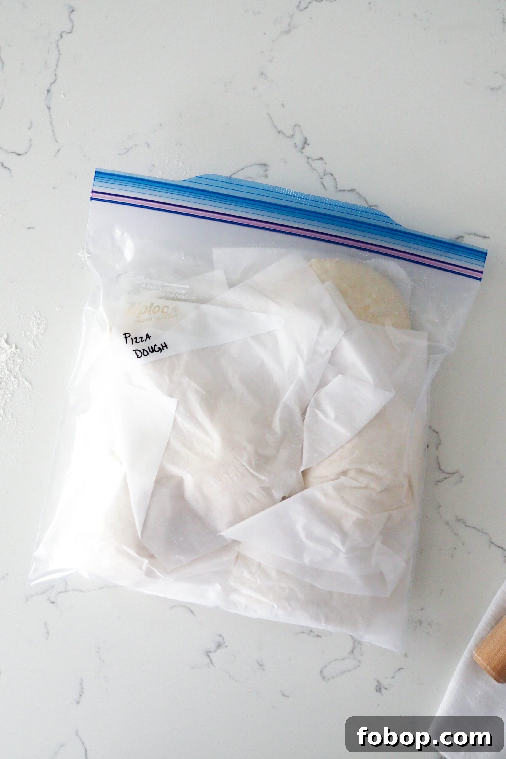 A gallon-sized freezer Ziploc bag has balls of dough wrapped in parchment inside it.