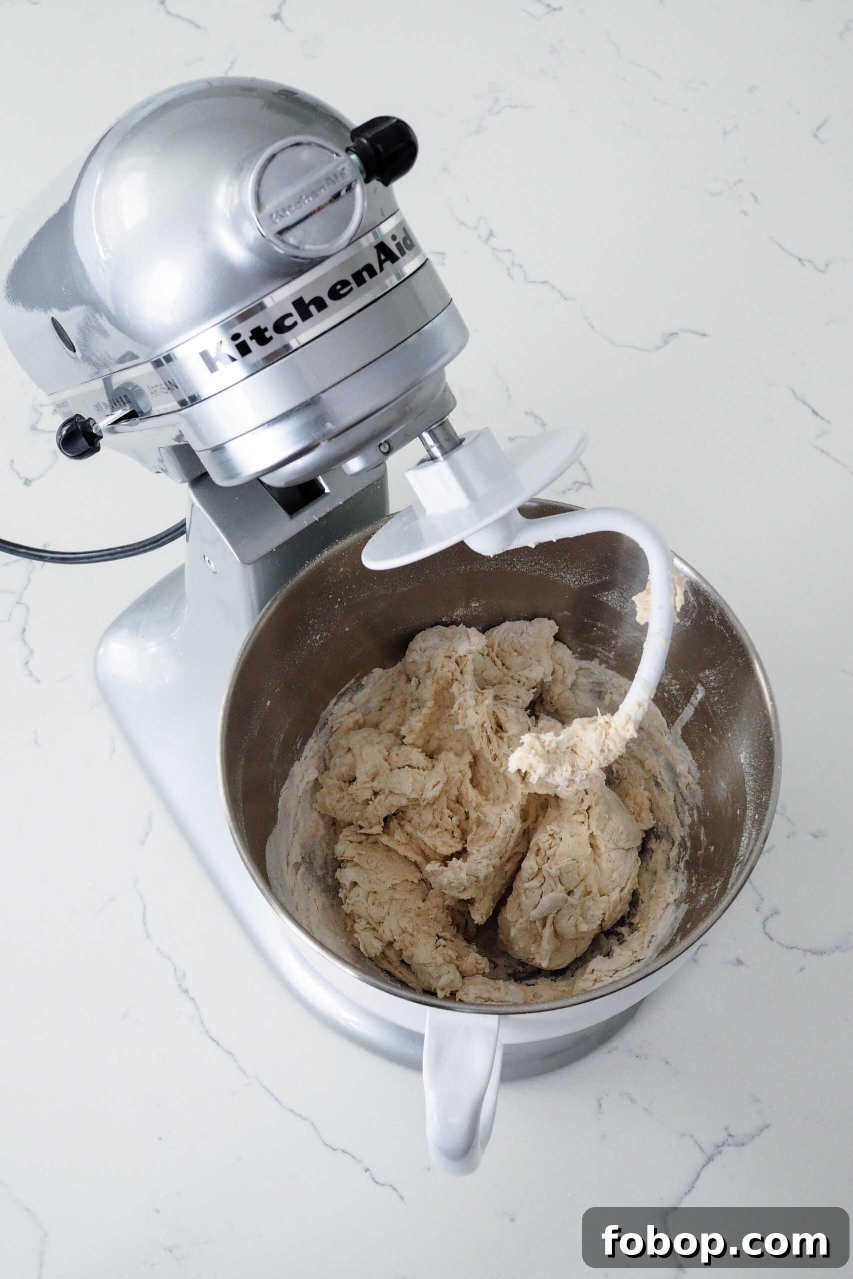 A shaggy dough that has just been combined.