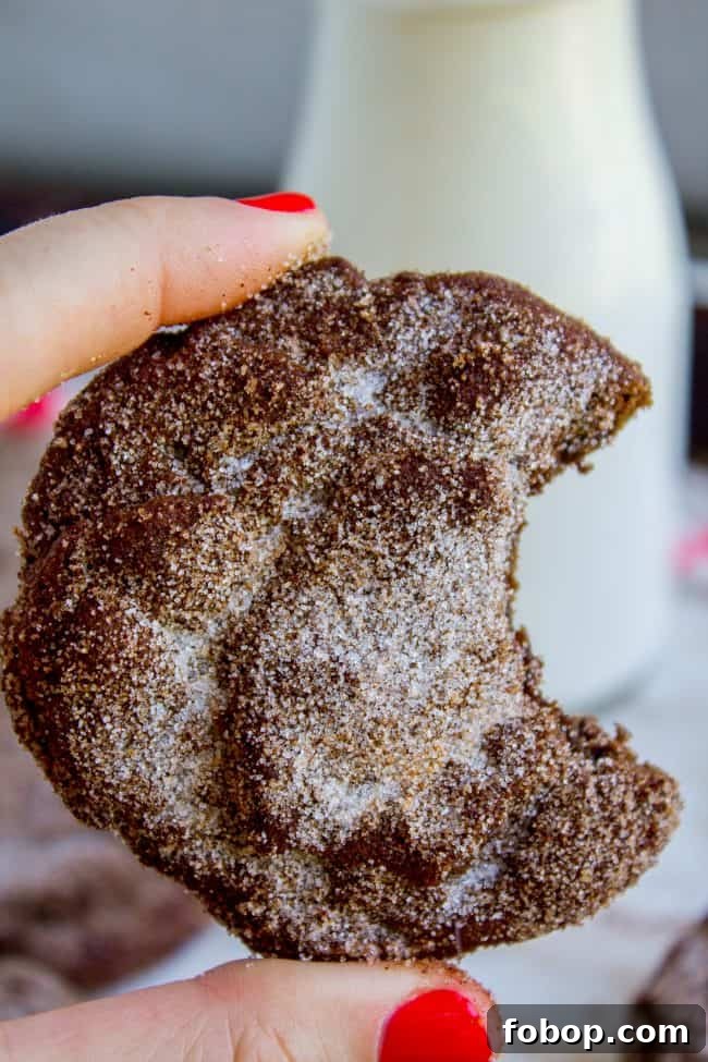 Mexican Hot Chocolate Cookies (Chocolate Snickerdoodles) a chocolate snickerdoodle with a bite taken out.