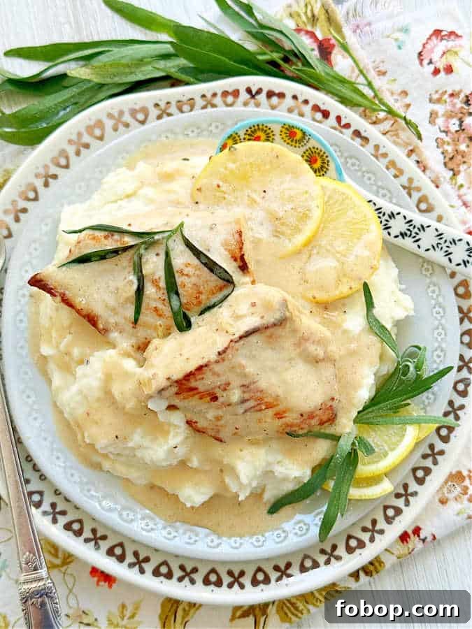 Creamy Tarragon Chicken Recipe with White Wine and Garlic 2 chicken tarragon plated with mashed potatoes