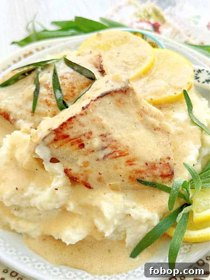 Creamy Tarragon Chicken Recipe with White Wine and Garlic 4 chicken tarragon plated on top of mashed potatoes and topped with creamy sauce