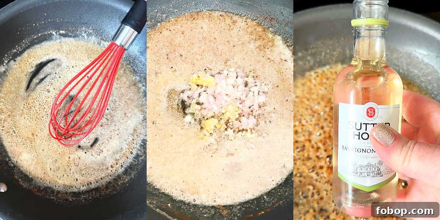 Creamy Tarragon Chicken Recipe with White Wine and Garlic 8 whisking the flour into the butter, adding the shallot and garlic, adding the wine