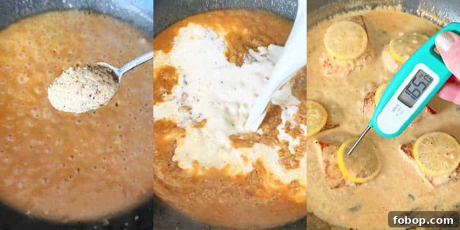 Creamy Tarragon Chicken Recipe with White Wine and Garlic 9 whisking in the Dijon mustard, cream and checking the temperature of the chicken
