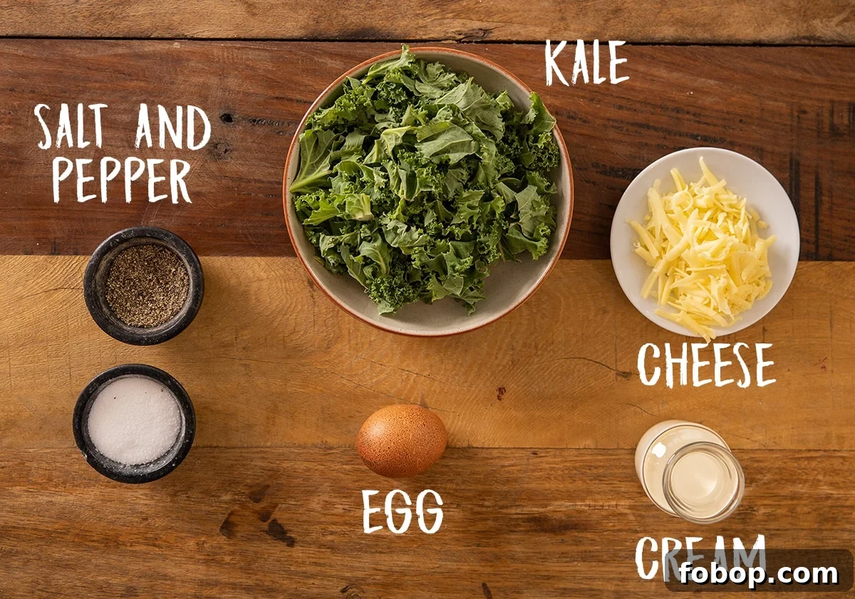 Creamy Scrambled Eggs with Sautéed Kale Breakfast Bowl 4 Ingredients to make creamy eggs and kale on a wooden board.