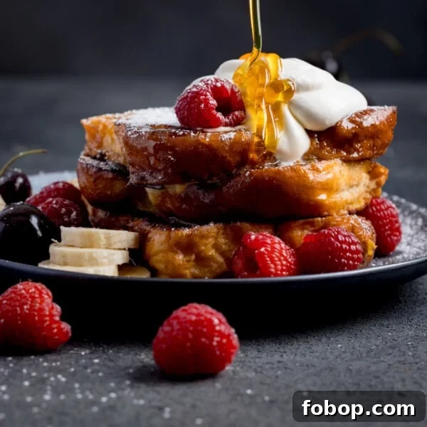 Creamy Scrambled Eggs with Sautéed Kale Breakfast Bowl 8 A stack of brioche French toast topped with whipped cream, raspberries, banana slices, and cherries, with syrup being poured over the top.