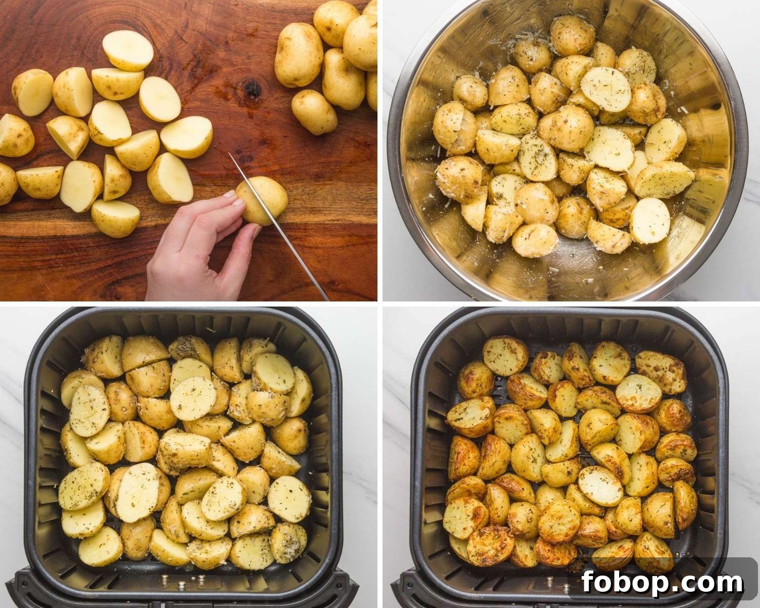 Crispy Air Fryer Roasted Potatoes with Garlic and Herbs 5 Collage of four images showing how to cut potatoes, season them and air fry.