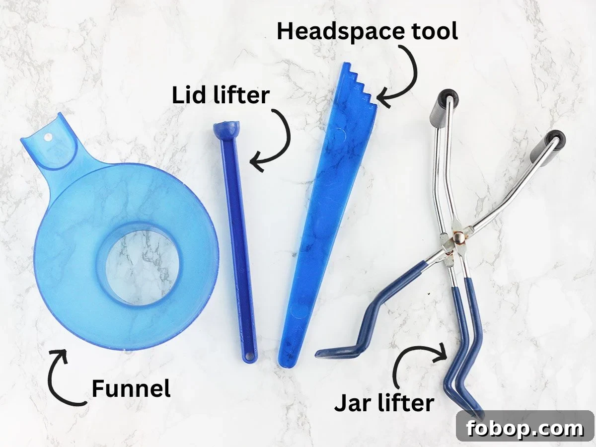 instruments in a canning utensil kit laid out on a marble background