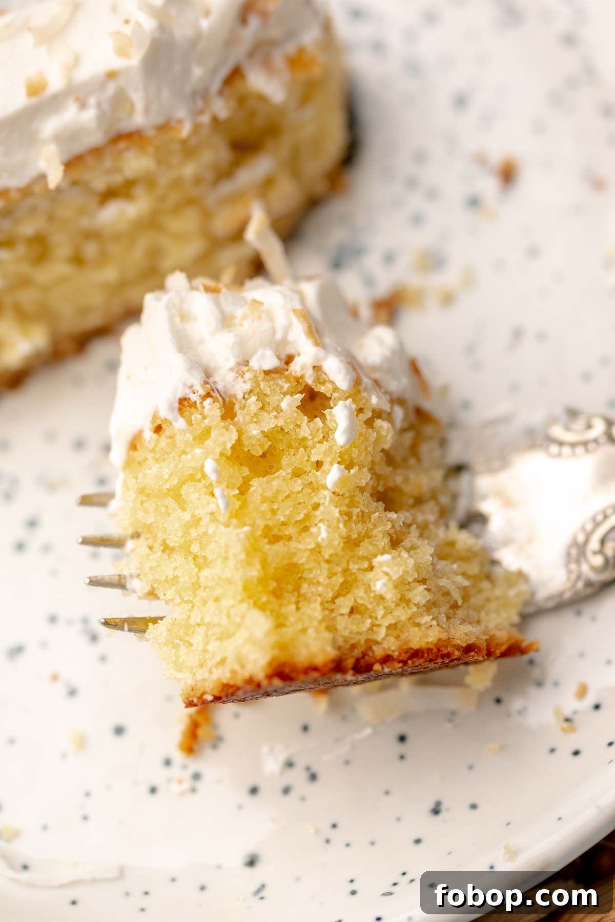 Coconut Almond Cake Recipe with Moist Layers and Toasted Almonds 12 A piece of coconut almond cake on a fork.