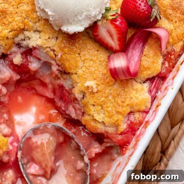 A spoon sits in a casserole dish of strawberry rhubarb cobbler with some removed.
