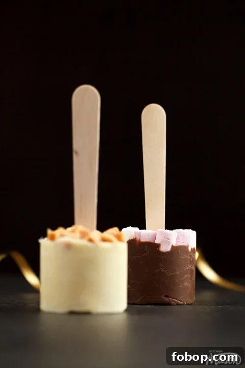 Hot chocolate sticks topped with fudge pieces and marshmallows surrounded by gold curling ribbon