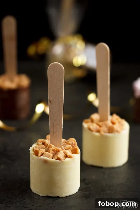 White hot chocolate sticks topped with fudge pieces