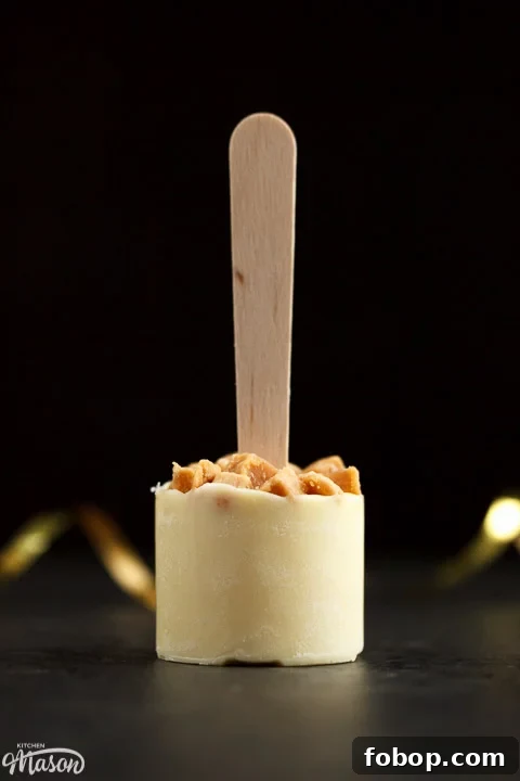 Hot chocolate sticks topped with fudge pieces and marshmallows surrounded by gold curling ribbon