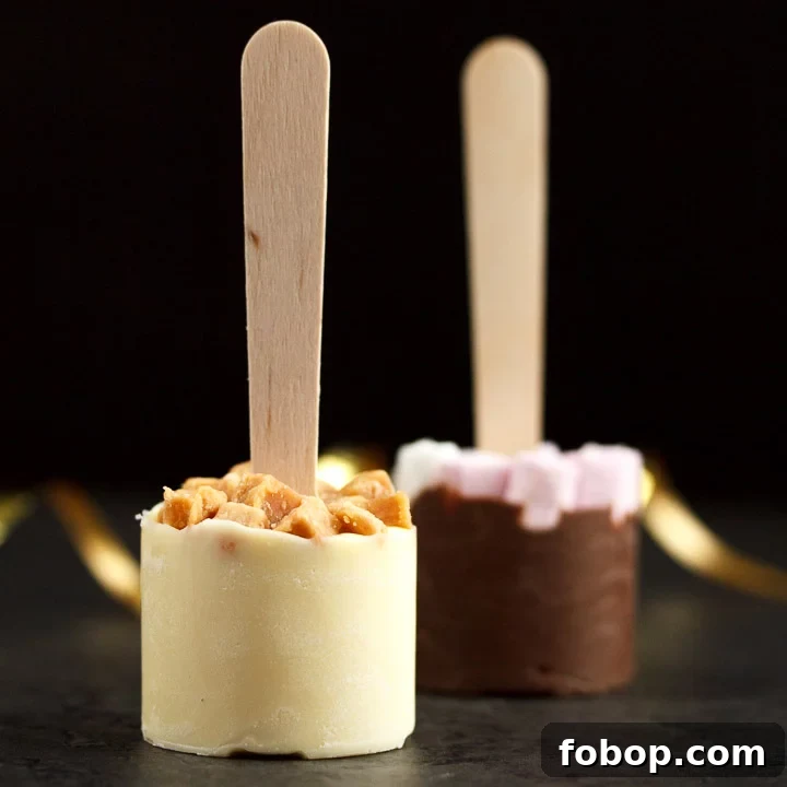 Hot chocolate sticks topped with fudge pieces and marshmallows surrounded by gold curling ribbon