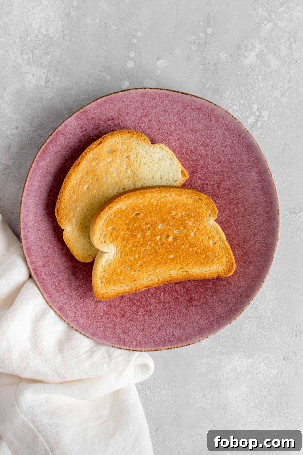 Oven Toasted Bread: How to Toast Slices Perfectly Every Time 6 Overhead view of two pieces of toast on a plate.