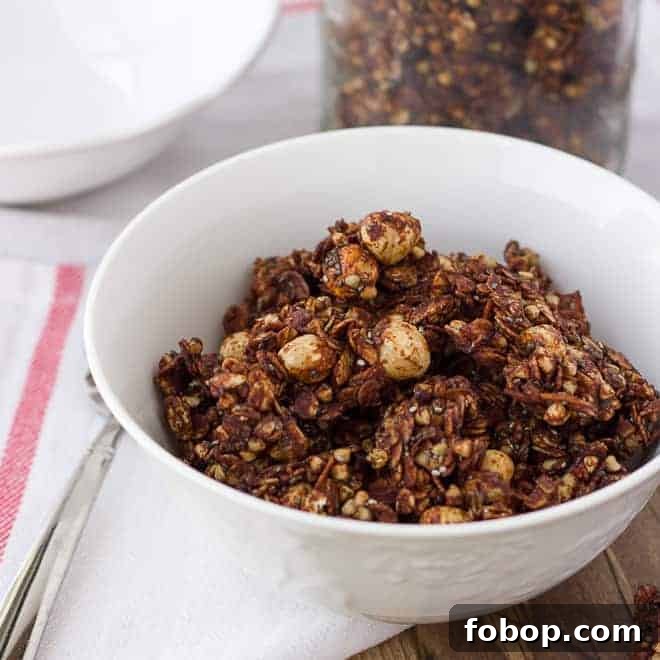 Chocolate Hazelnut Granola — Gluten Free & Dairy Free Recipe 4 close up shot of chocolate granola in white bowl
