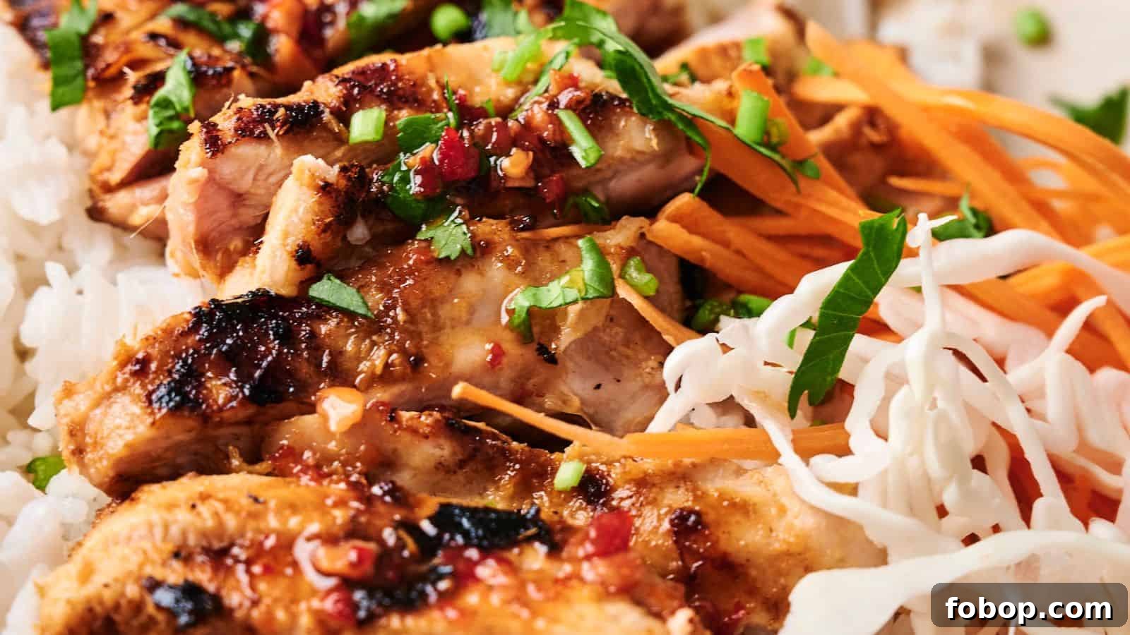 Grilled chicken with herbs on white rice, garnished with shredded carrots and cabbage.