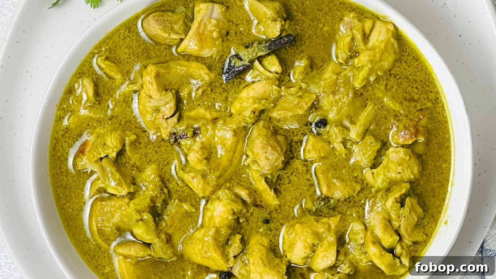 White bowl containing Dhaniya Chicken with a creamy, green sauce and garnished with herbs.