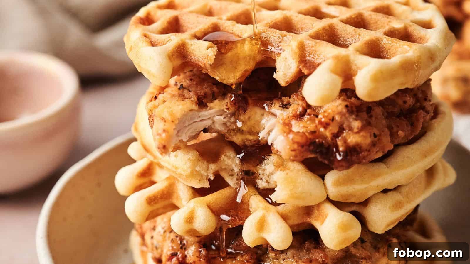A stack of waffles and fried chicken pieces with syrup being poured on top, served on a beige plate.