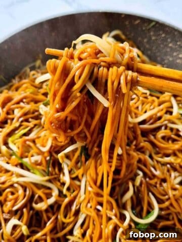 Hot noodles being picked up by a pair of chopsticks