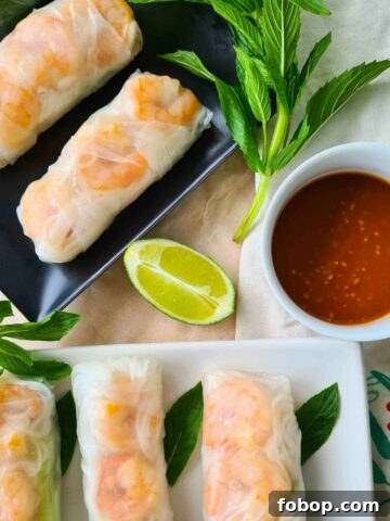 Close up of rice papper rolls with dipping sauce