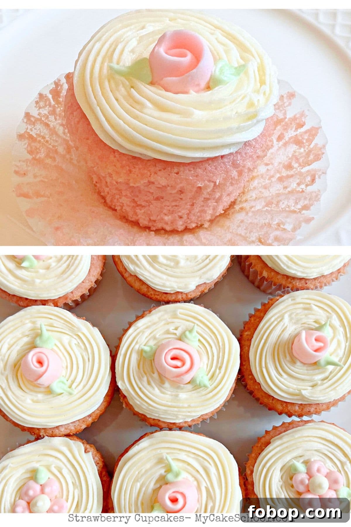 Moist Strawberry Cupcakes with Fresh Strawberry Frosting 2 Photo grid of Strawberry Cupcakes from scratch.