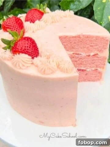 Homemade Strawberry Cake, sliced on a cake pedestal.