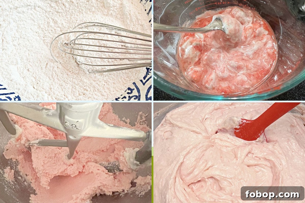 Moist Strawberry Cupcakes with Fresh Strawberry Frosting 4 Photo grid of four photos taken during the preparation of the strawberry cake batter.