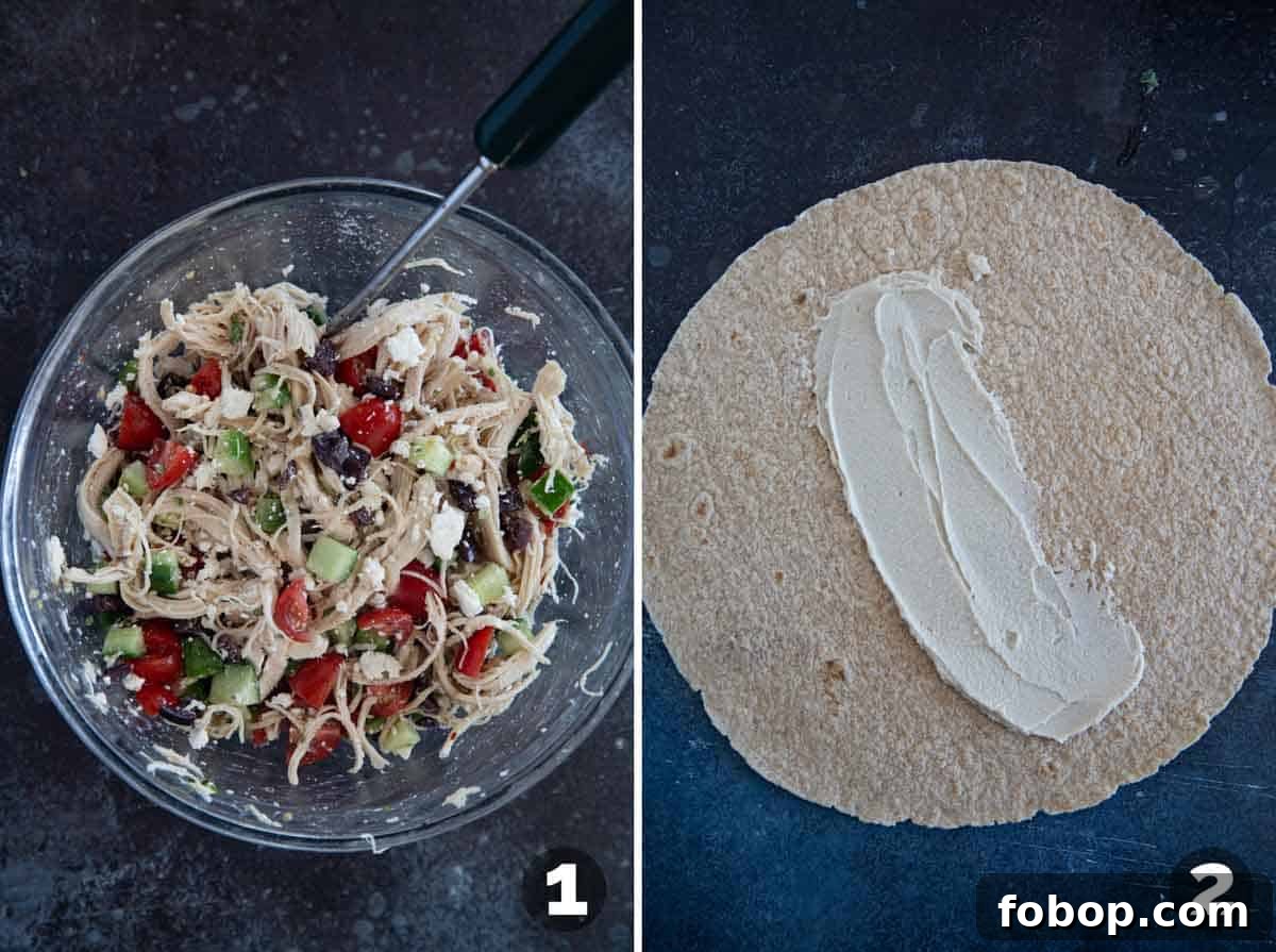 Mediterranean Chicken Wrap Recipe with Tzatziki and Feta 4 Making filling and adding hummus to a tortilla for meal prep chicken wraps.