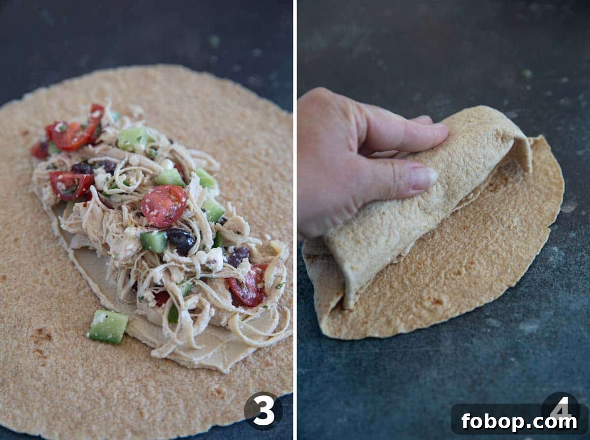 Mediterranean Chicken Wrap Recipe with Tzatziki and Feta 5 Assembling and rolling Greek Chicken Wraps.