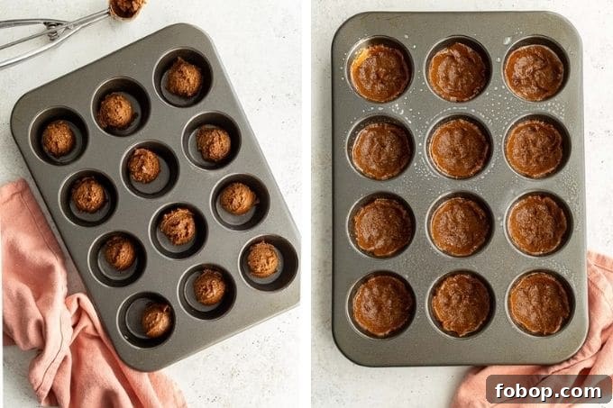 Collage of two images showing the cookie dough in the muffin pan.