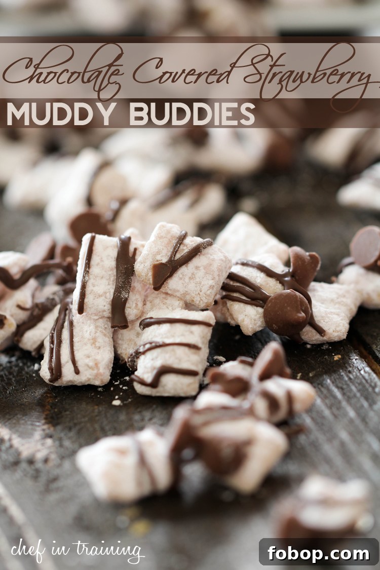 Chocolate Covered Strawberry Muddy Buddies on chef-in-training.com ...An easy, delicious and addictive recipe! These are incredible! #dessert #recipe #chocolate