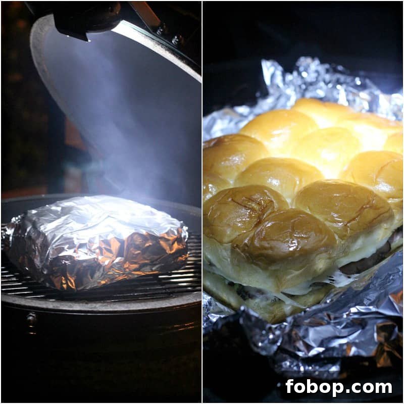 collage of 2 photos: left, foil packet ion big green egg surrounded by smoke; right, opened foil on grill showing sliders cooking