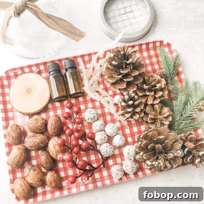 Christmas Potpourri Diffuser Ideas for Cozy Holiday Aromas 5 supplies to make CHristmas essential oil diffuser- pinecones, berries, springs of evergreen, wood slices, nuts