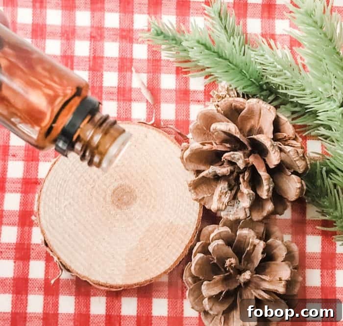 Christmas Potpourri Diffuser Ideas for Cozy Holiday Aromas 6 essential oil being added to wood slice for Christmas potpourri