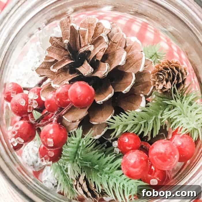 Christmas Potpourri Diffuser Ideas for Cozy Holiday Aromas 8 berries, pinecones, greenery, and snow crystals in mason jar