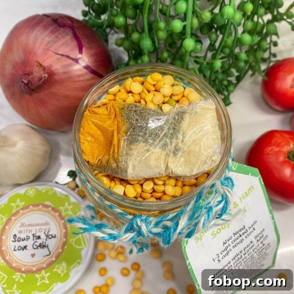 Shows how to pack the soup mix in the jar. Note: Spice pack on top of dry ingredients. Image has fresh veggies in the background.