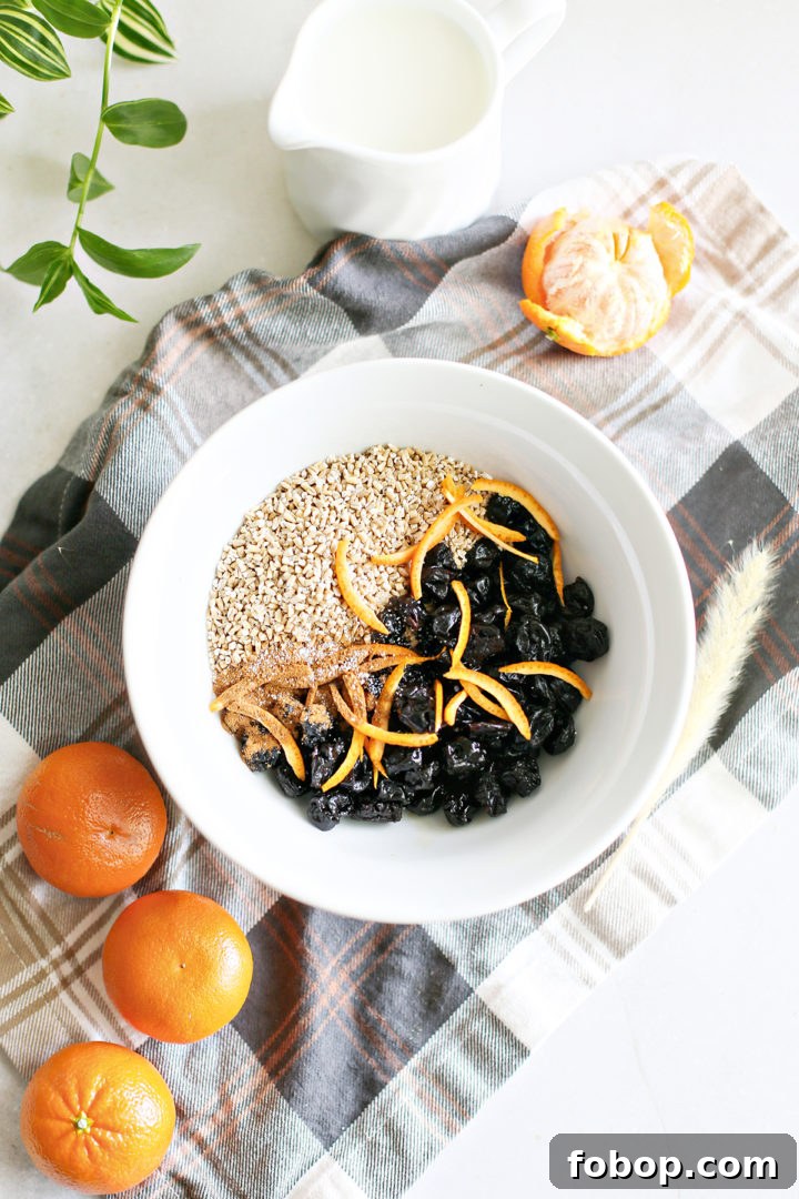 Tangerine Cherry Steel-Cut Overnight Oats Recipe 3 overhead photo of the ingredients in this recipe for cherry oatmeal