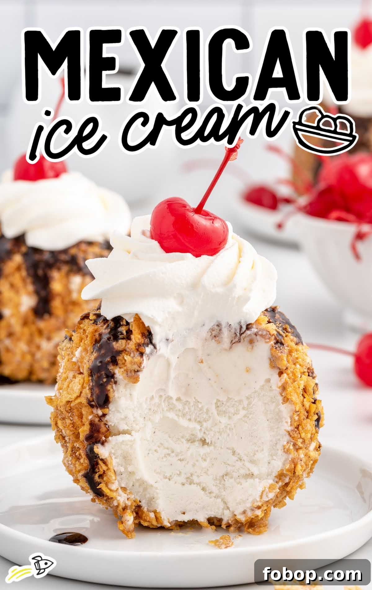 Authentic Mexican Fried Ice Cream Recipe: Crispy Cinnamon Sundae 2 a close up shot of Mexican Ice Cream on a plate with a piece taken out