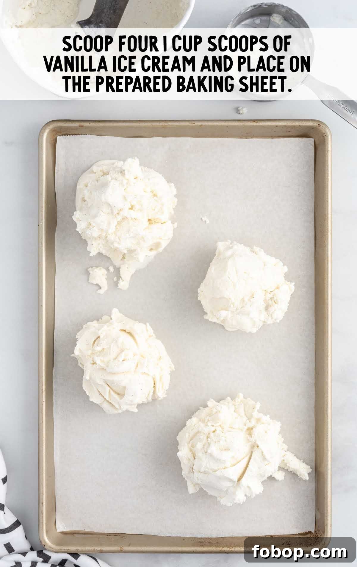 Authentic Mexican Fried Ice Cream Recipe: Crispy Cinnamon Sundae 4 vanilla ice scoops placed in a baking sheet