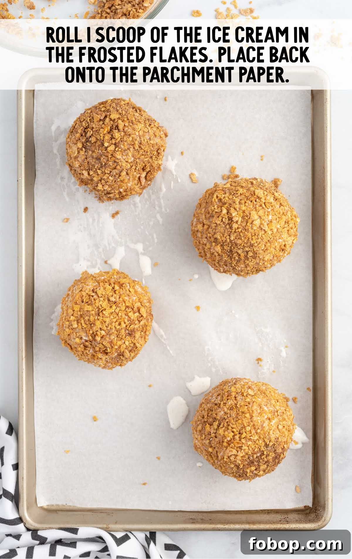 Authentic Mexican Fried Ice Cream Recipe: Crispy Cinnamon Sundae 6 ice cream scoops rolled in the frosted flakes in a parchment paper
