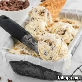 Authentic Mexican Fried Ice Cream Recipe: Crispy Cinnamon Sundae 9 close up shot of Cookie Dough Ice Cream in a pan with some being scooped out with a ice cream scooped