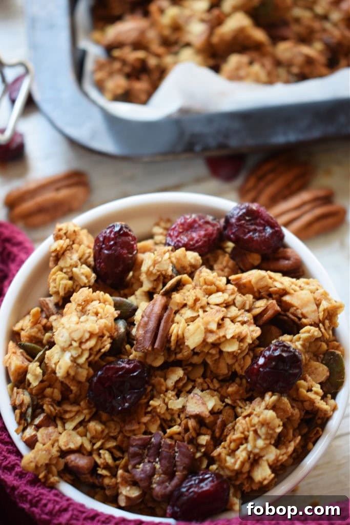 Cranberry Pecan Granola Recipe: Homemade Crunchy Breakfast Mix 2 close up of the cranberry pecan granola