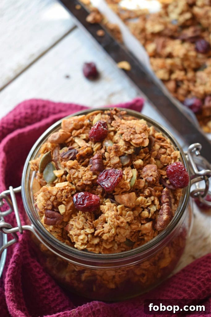 Cranberry Pecan Granola Recipe: Homemade Crunchy Breakfast Mix 15 close up of the cranberry pecan granola in a mason jar