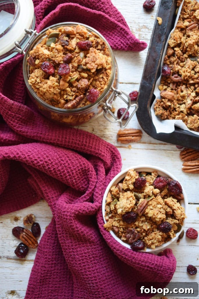 Cranberry Pecan Granola Recipe: Homemade Crunchy Breakfast Mix 3 over head table view of the cranberry pecan granola