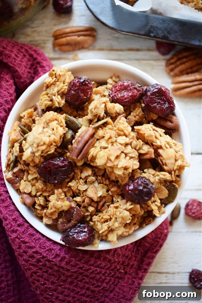 Cranberry Pecan Granola Recipe: Homemade Crunchy Breakfast Mix 5 cranberry pecan granola in a white bowl